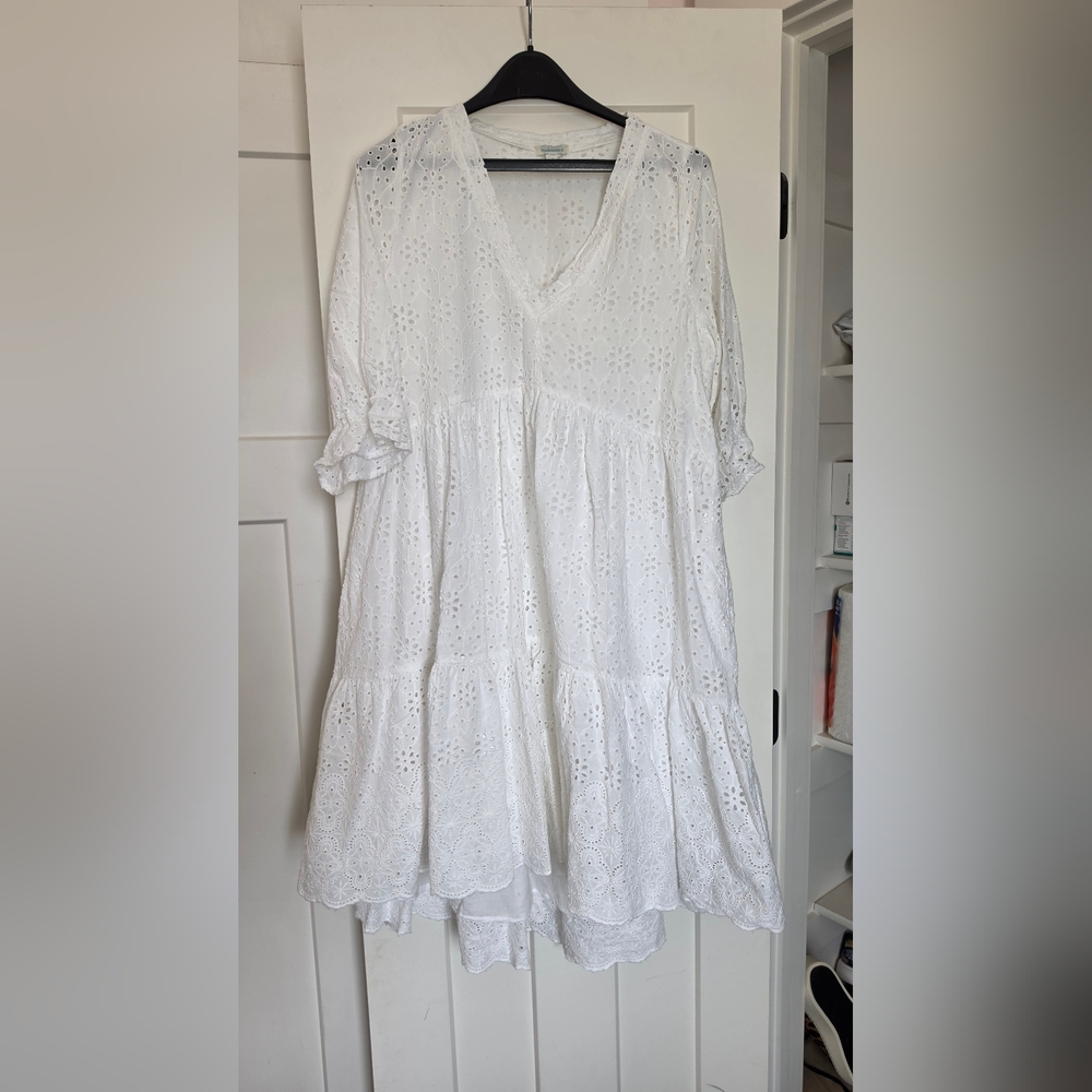 Sundance White Eyelet Tiered Midi Dress with Long Sleeves